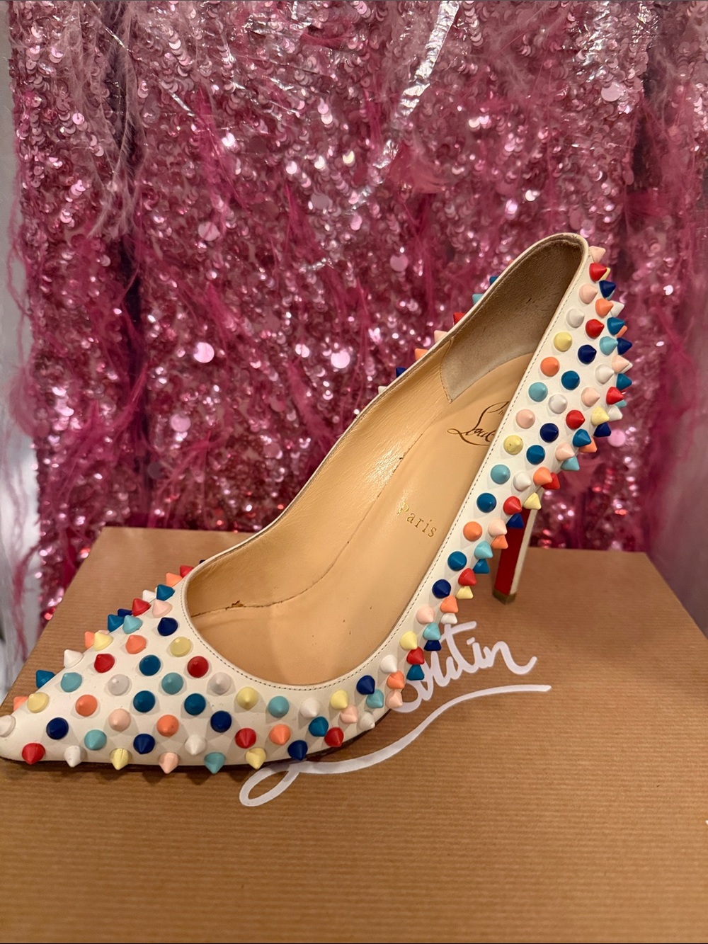 Christian Louboutin White Spike-Stud Multicolor Leather Pump- Authentic